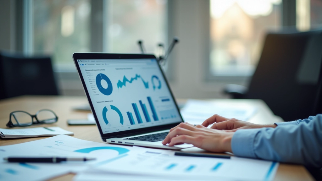 Auftragseingang-Statistiken und Geschäftsdiagramme auf Schreibtisch mit Laptop und Dokumenten