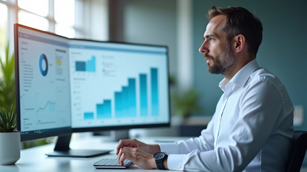 Geschäftsführer untersucht Auftragseingang-Diagramme und Produktionsstatistiken auf großem Monitor in modernem Büro