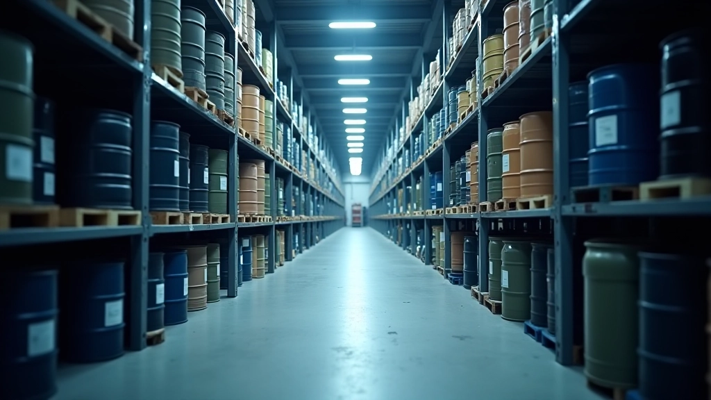 Lagerhaus mit Chemikalien in Fässern und Behältern, organisiert in Regalen