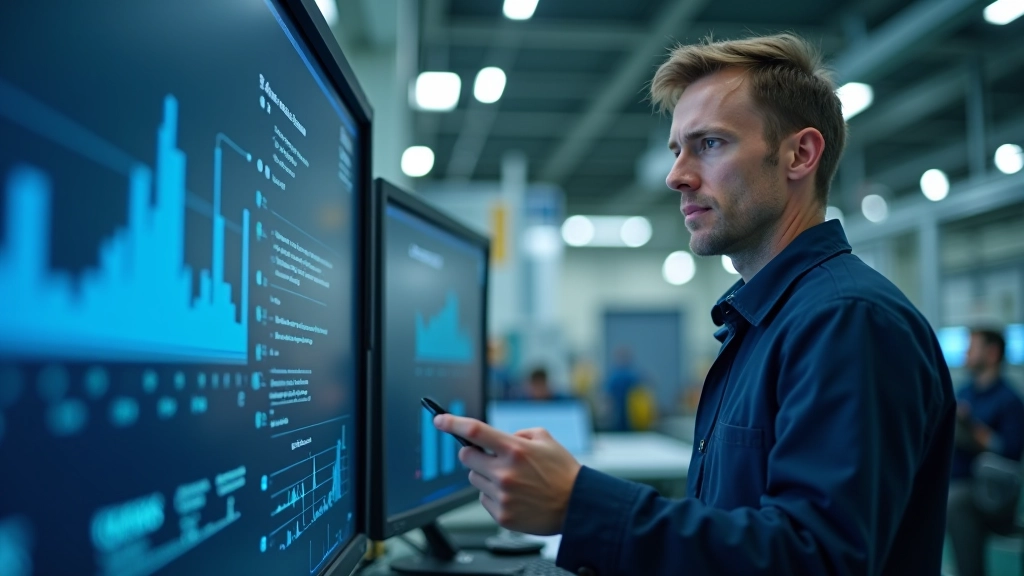 Mittelständischer Fabrikarbeiter überwacht Produktionsdaten auf digitalem Dashboard in modernem Kontrollraum