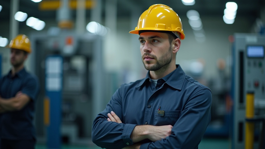 Mittelständischer Fabrikleiter inspiziert moderne Produktionsmaschinen und Qualitätskontrollprozesse