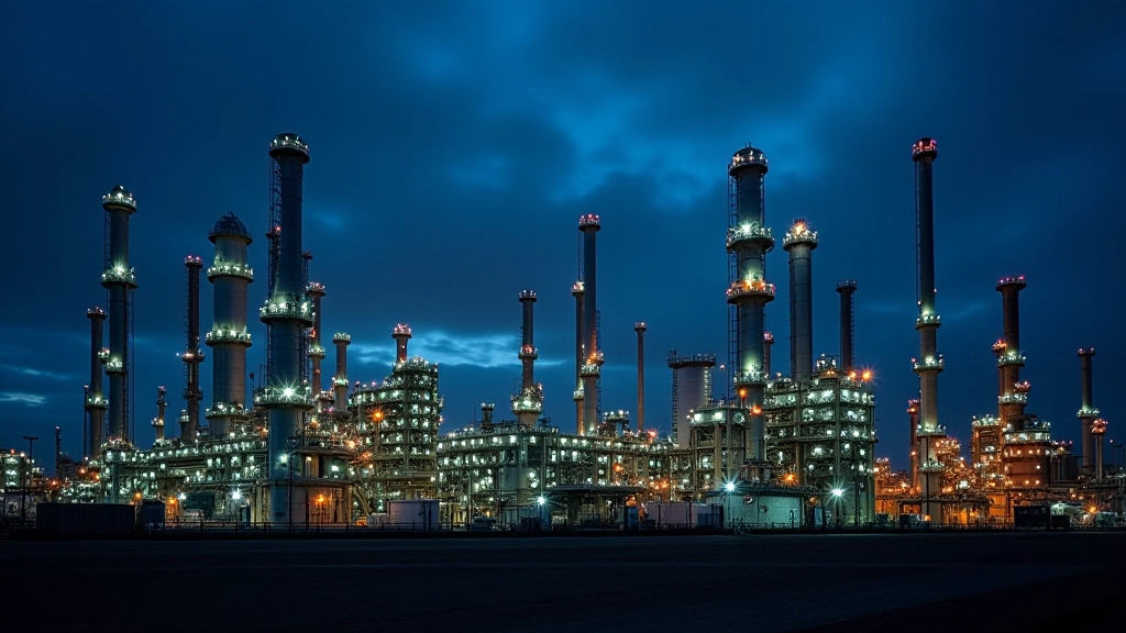 Moderne Chemiefabrik mit Rohrleitungen und Destillationsanlagen bei Nacht