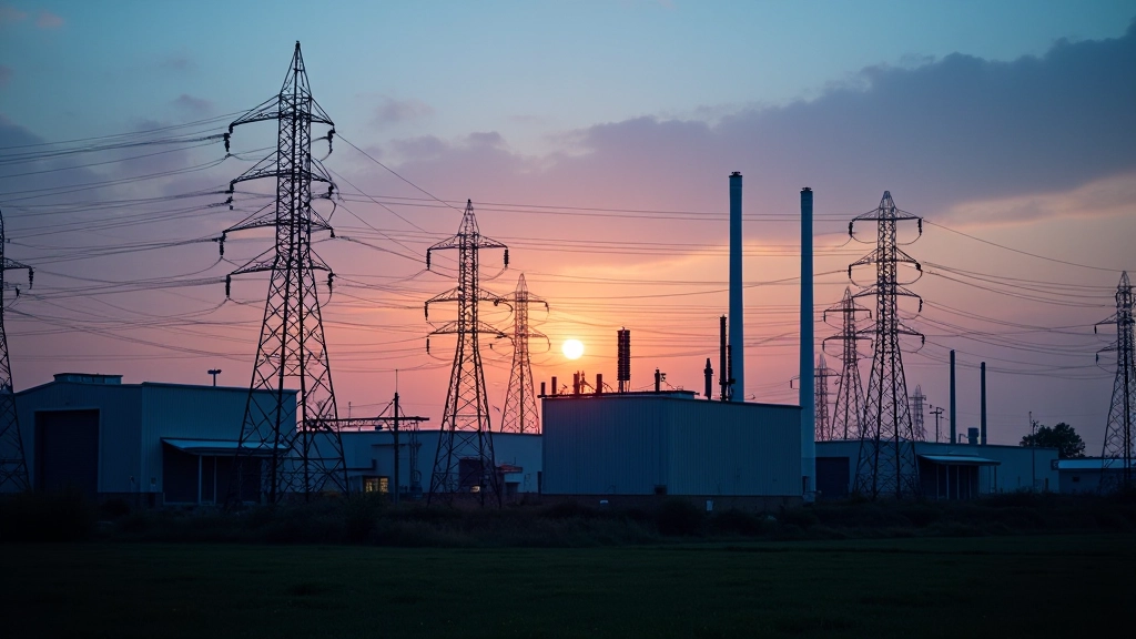 Energieinfrastruktur mit Stromleitungen und Transformatoren neben einer Industrieanlage