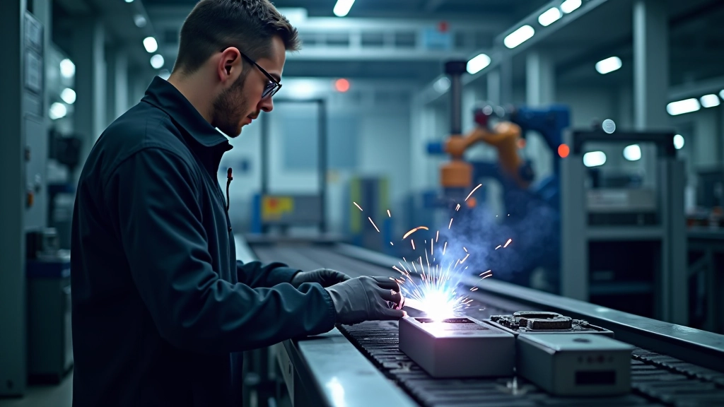 Automobilfertigungslinie mit modernen Robotern und hochautomatisierten Produktionsprozessen in deutscher Fabrik